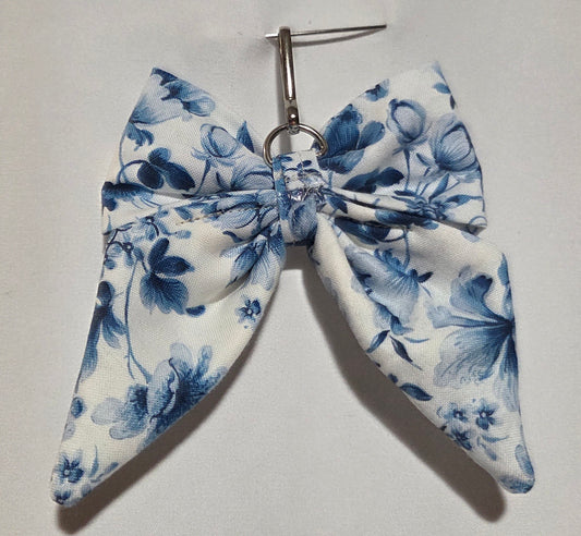 Blue and white floral puff bow key chain